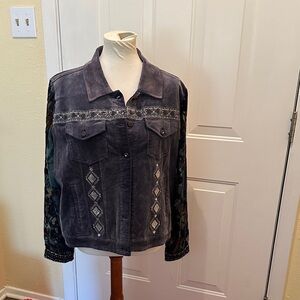 John Mark Dark Gray Jean Jacket with Patterned Sleeves